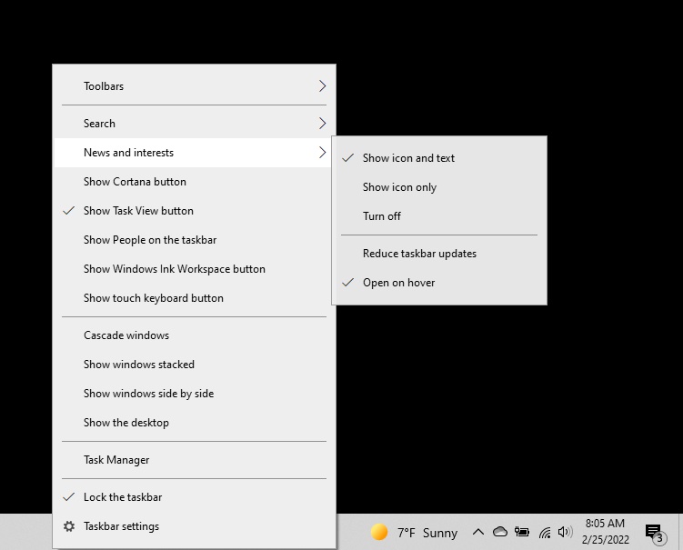 Windows task bar settings menu