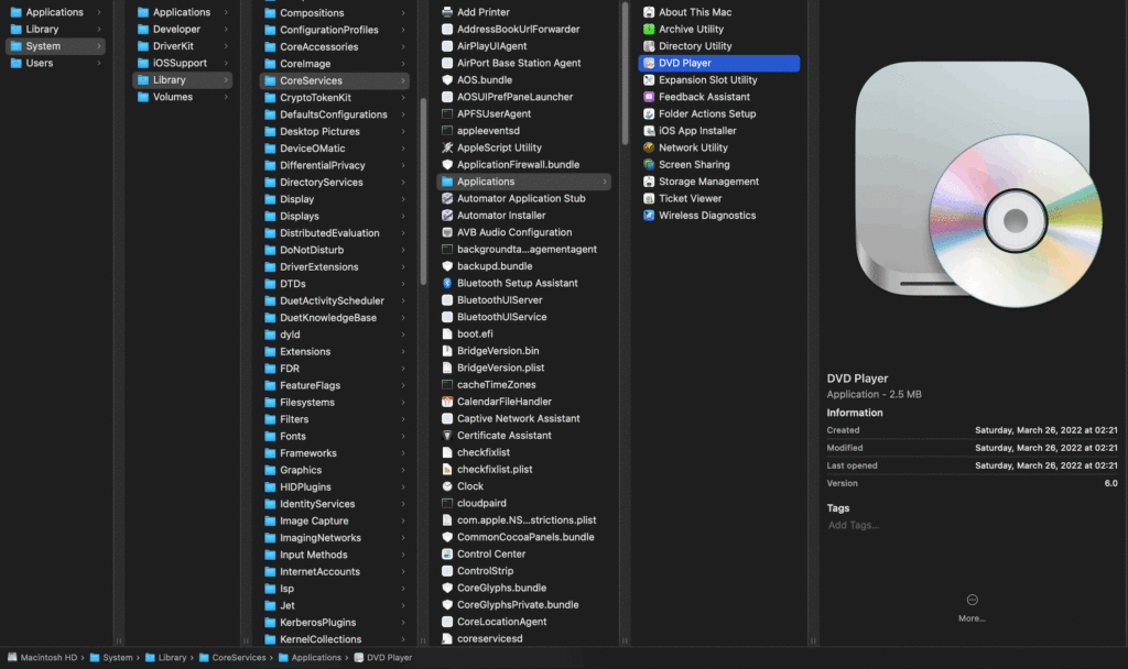 Location of Apple DVD Player App Software Program in macOS Iowa